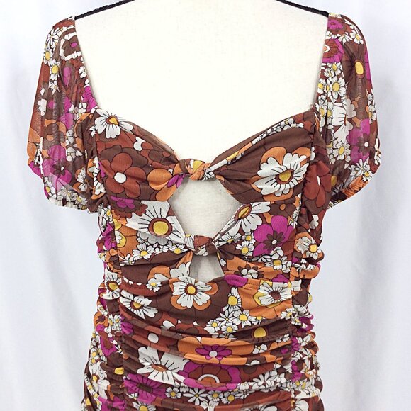 Madden NYC Juniors Ruched Dress Size XL Brown Retro 70s Floral Bodycon Sexy - Picture 7 of 11